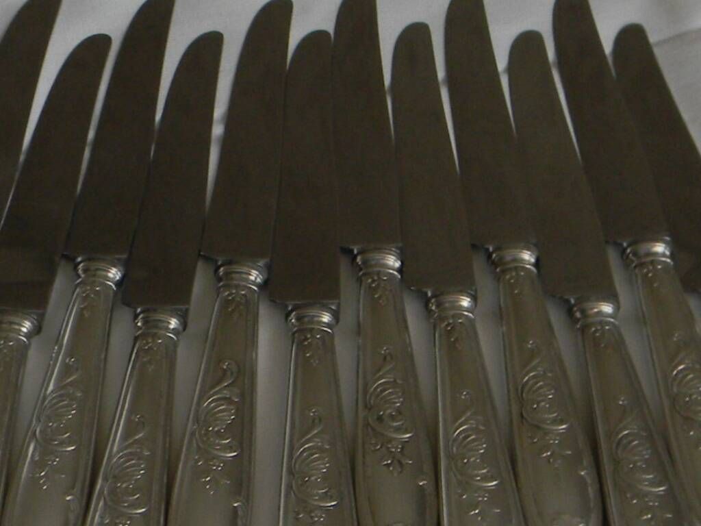 Set of 12 knives with silver metal handles and stainless steel blades.