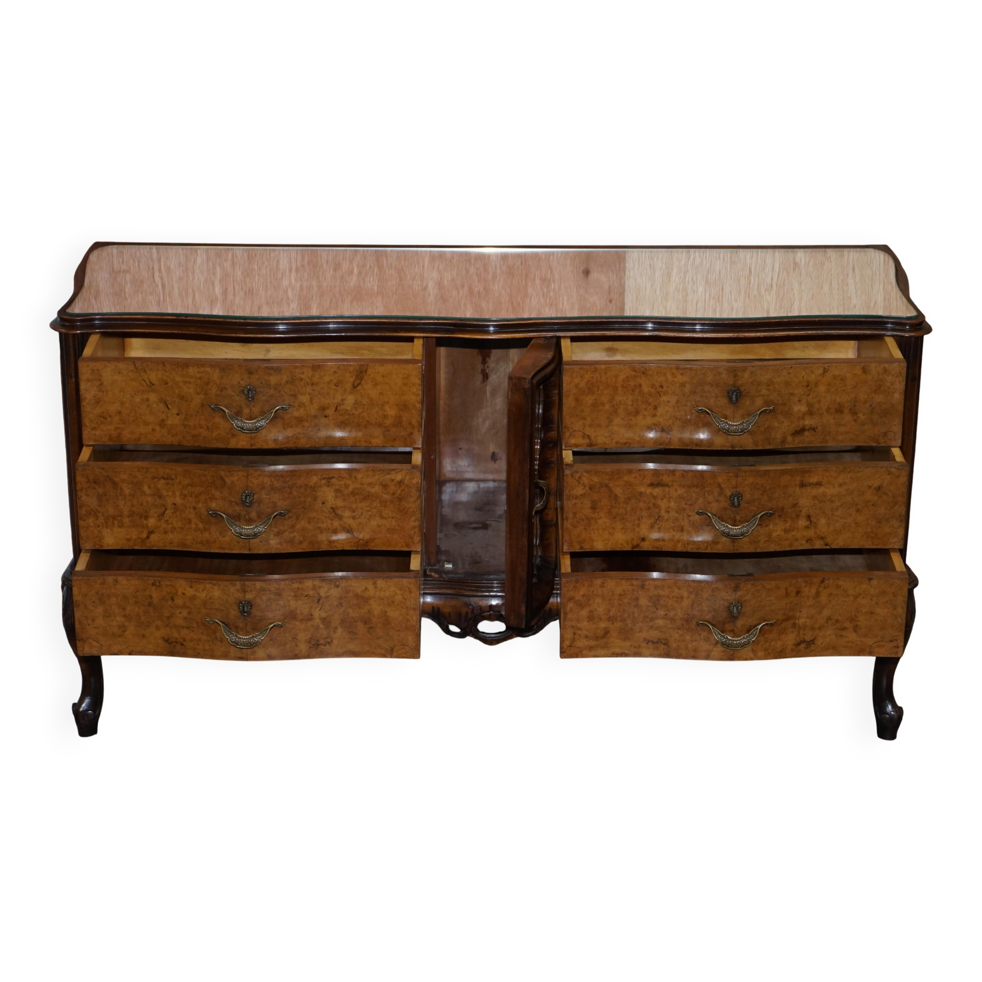 Vintage Italian Buffet in Walnut with Serpentine Front and Mirror Top