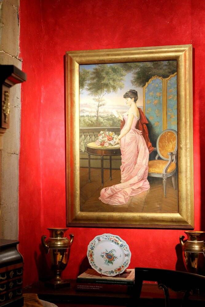 Portrait d'une dame italienne avec paysage florentin, 1890, huile sur toile, encadré.