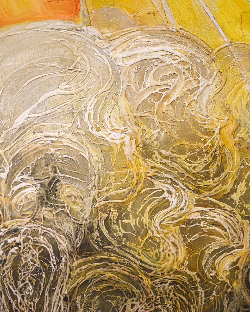 Vibrant mid-century oil painting Mount Fuji at sunset