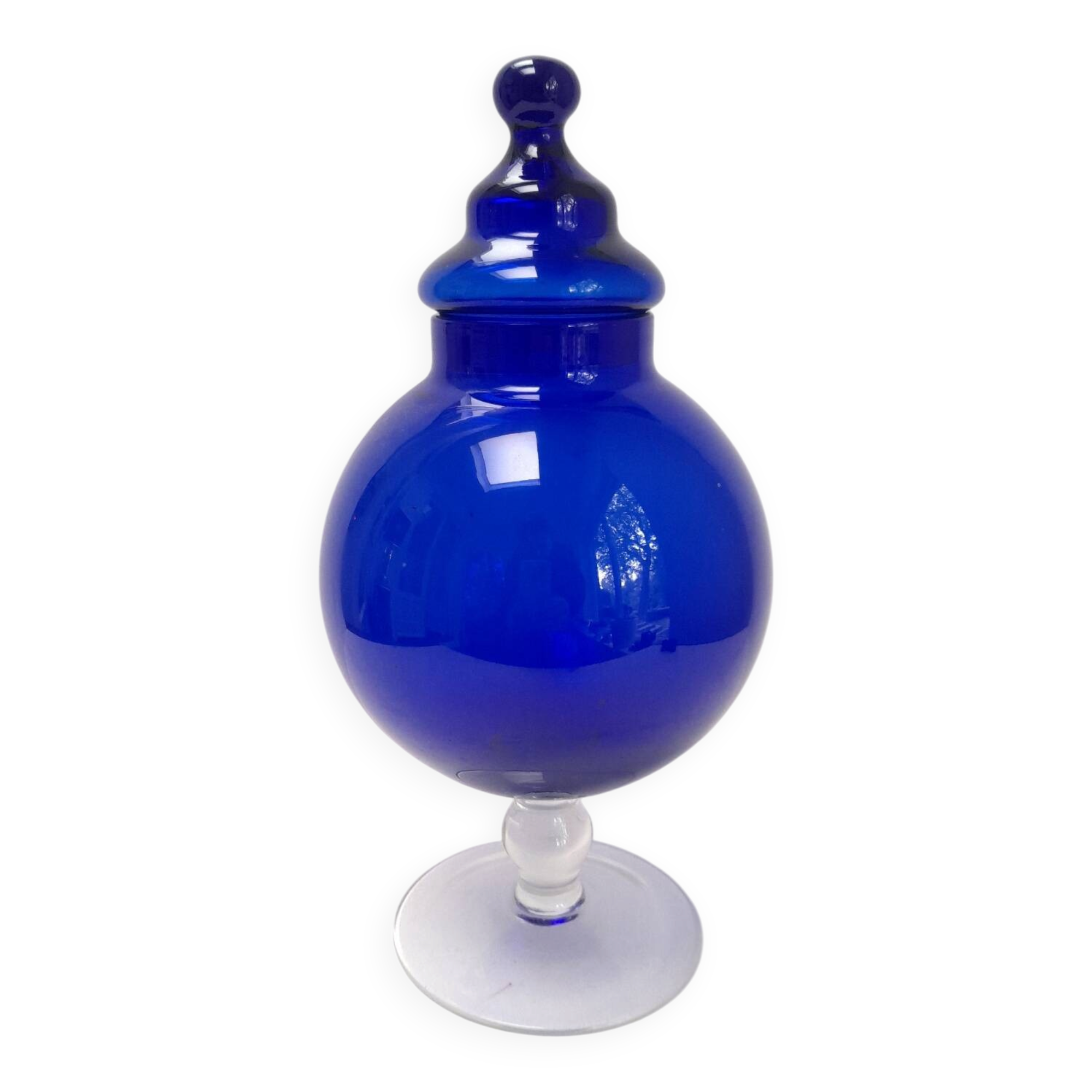 Large blue glass sweet jar on a pedestal from the 80s.