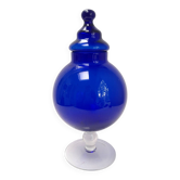 Grande bonbonnière en verre bleu sur pied 80s