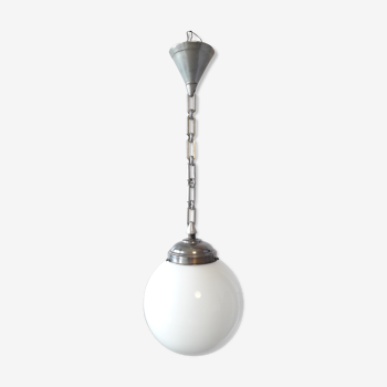 Large art deco hanging opaline globe and aluminium chain.