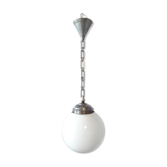Large art deco hanging opaline globe and aluminium chain.