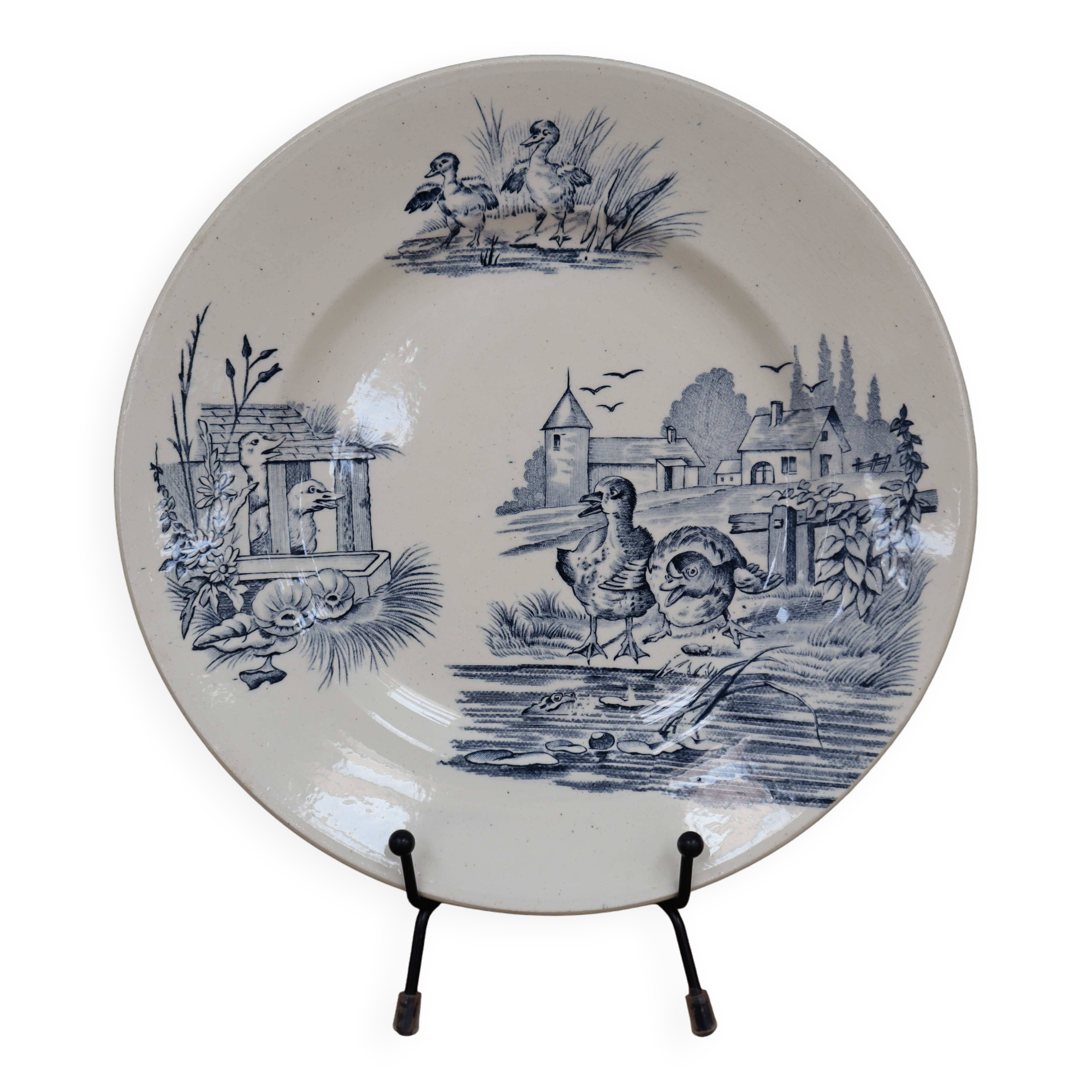 Rustic blue and white ironstone plate, duck and countryside decor