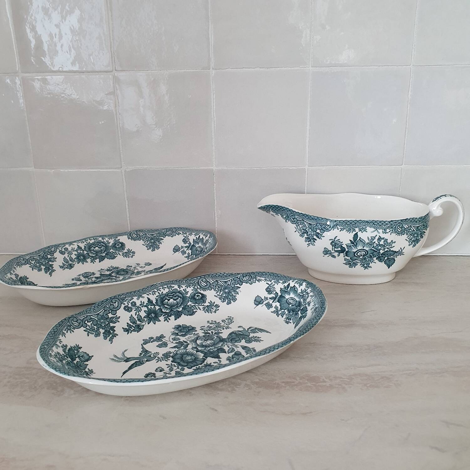 Enoch Wedgewood "Asiatics Pheasants" style "Earth" serving dishes and gravy boat