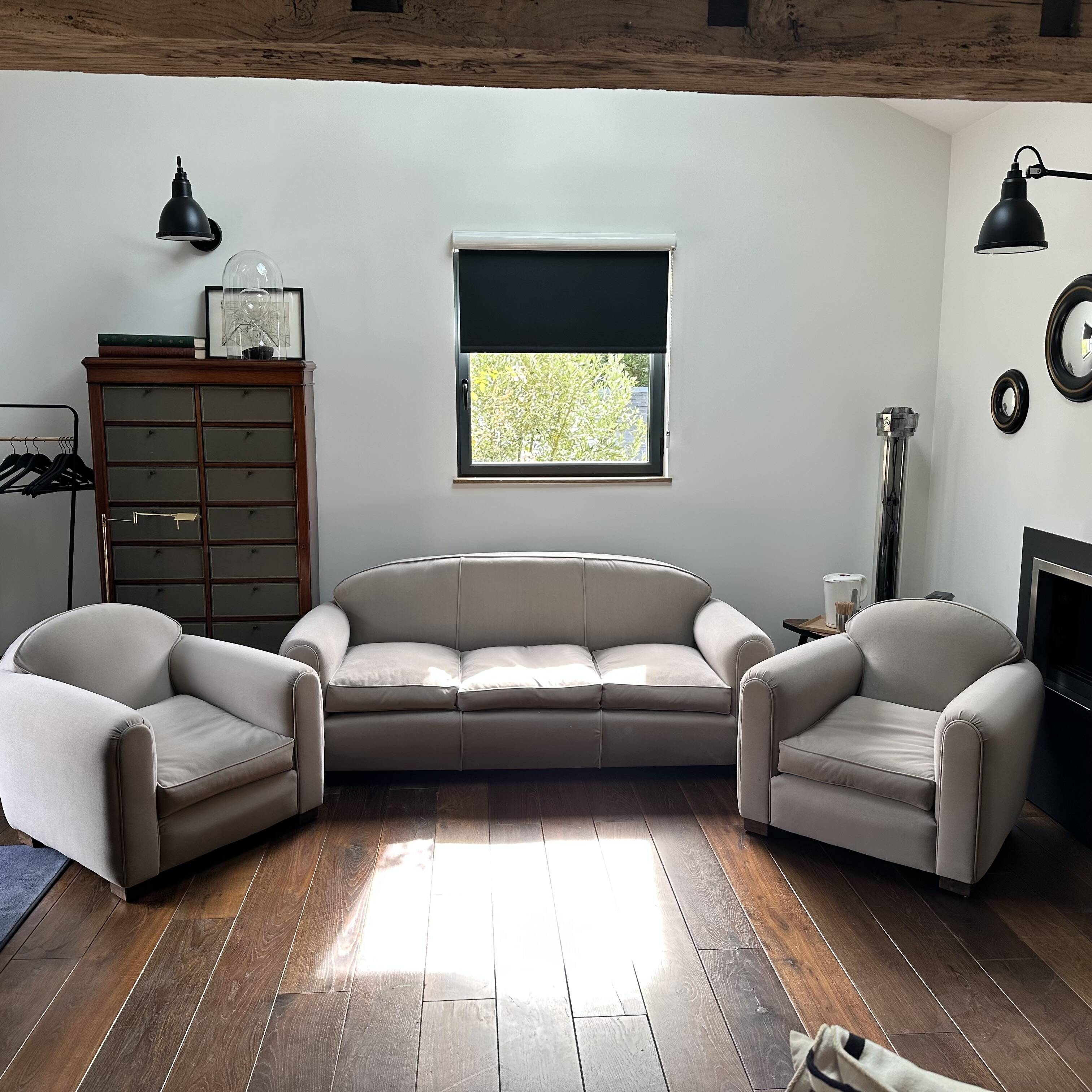 Ensemble club années 50 : 1 canapé 3 places + 2 fauteuils refaits  à neuf