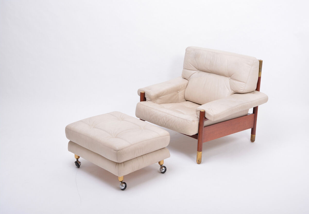 Beige Midcentury Lounge Chair with Ottoman Model "Sella" by Carlo de Carli