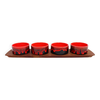Scandinavian teak tray with 4 ceramic ramekins 1960