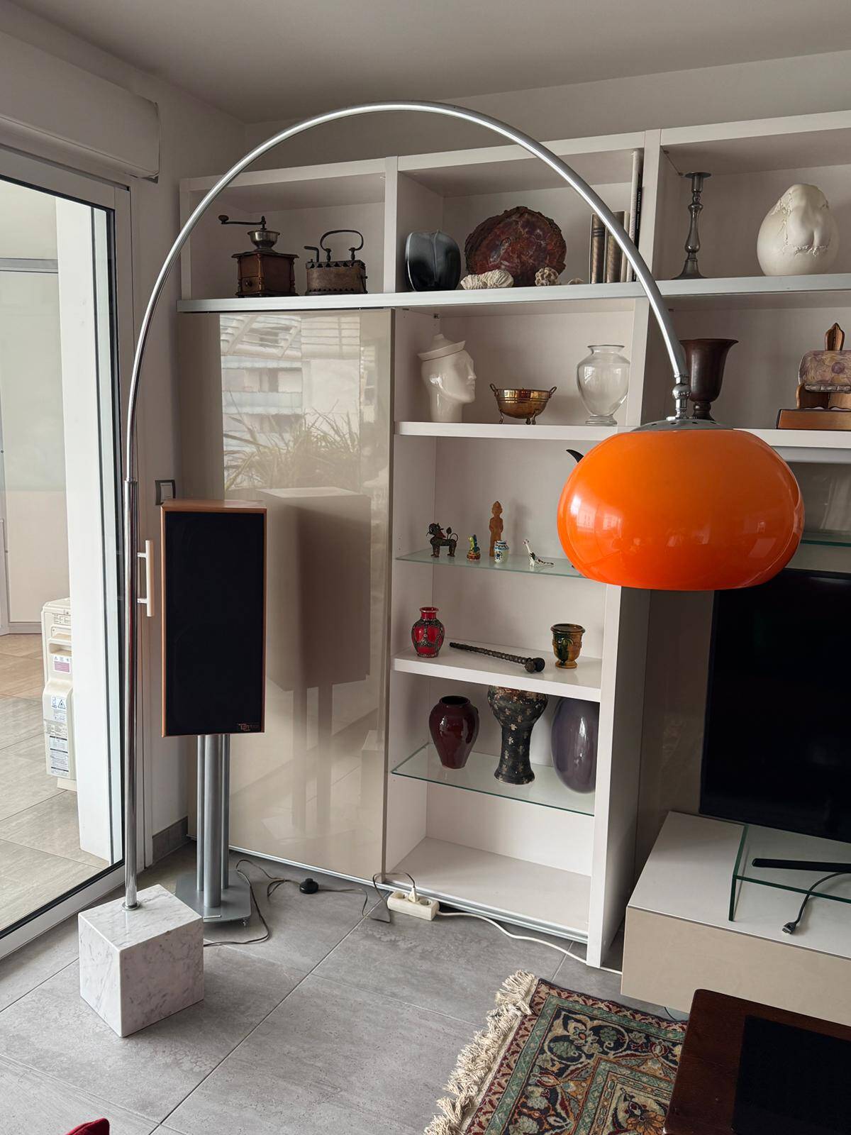Vintage Space Age 1970 arc floor lamp, orange shade, marble base.