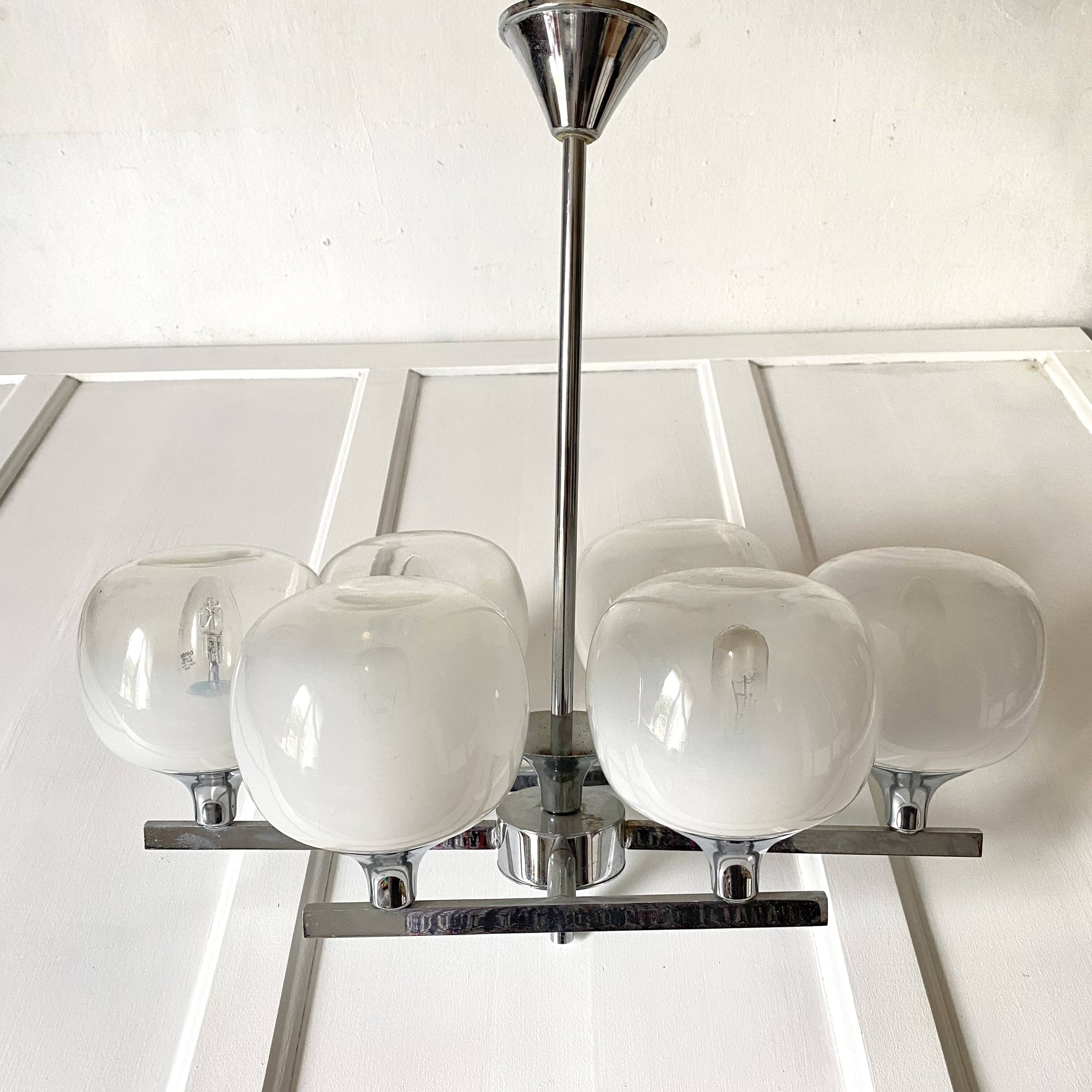 Space Age chandelier, Italian design, chrome and glass