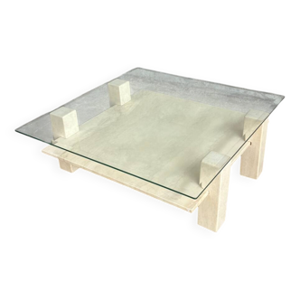 Table basse sculpturale travertin et verre, vintage 1980s