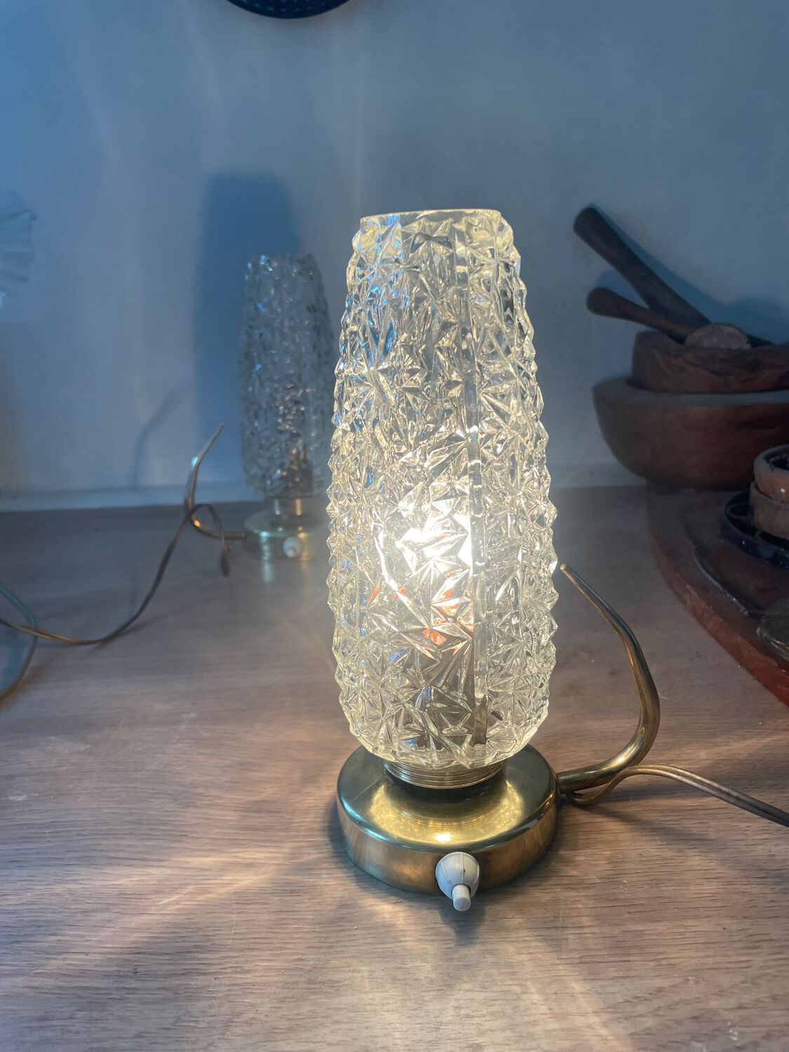 Pair of 1950s brass and glass bedside lamps