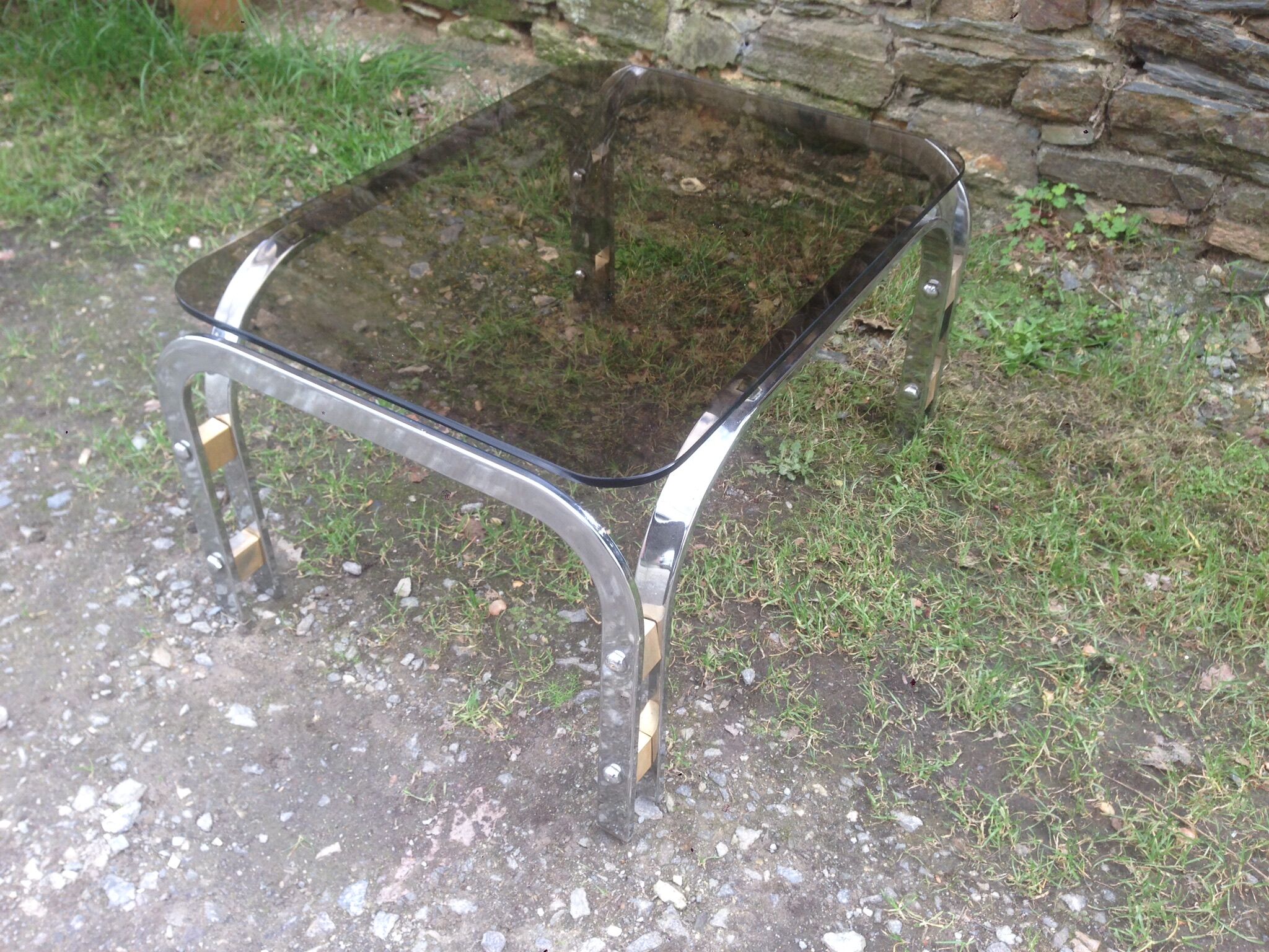 1970 chrome-shaped smoky glass coffee table