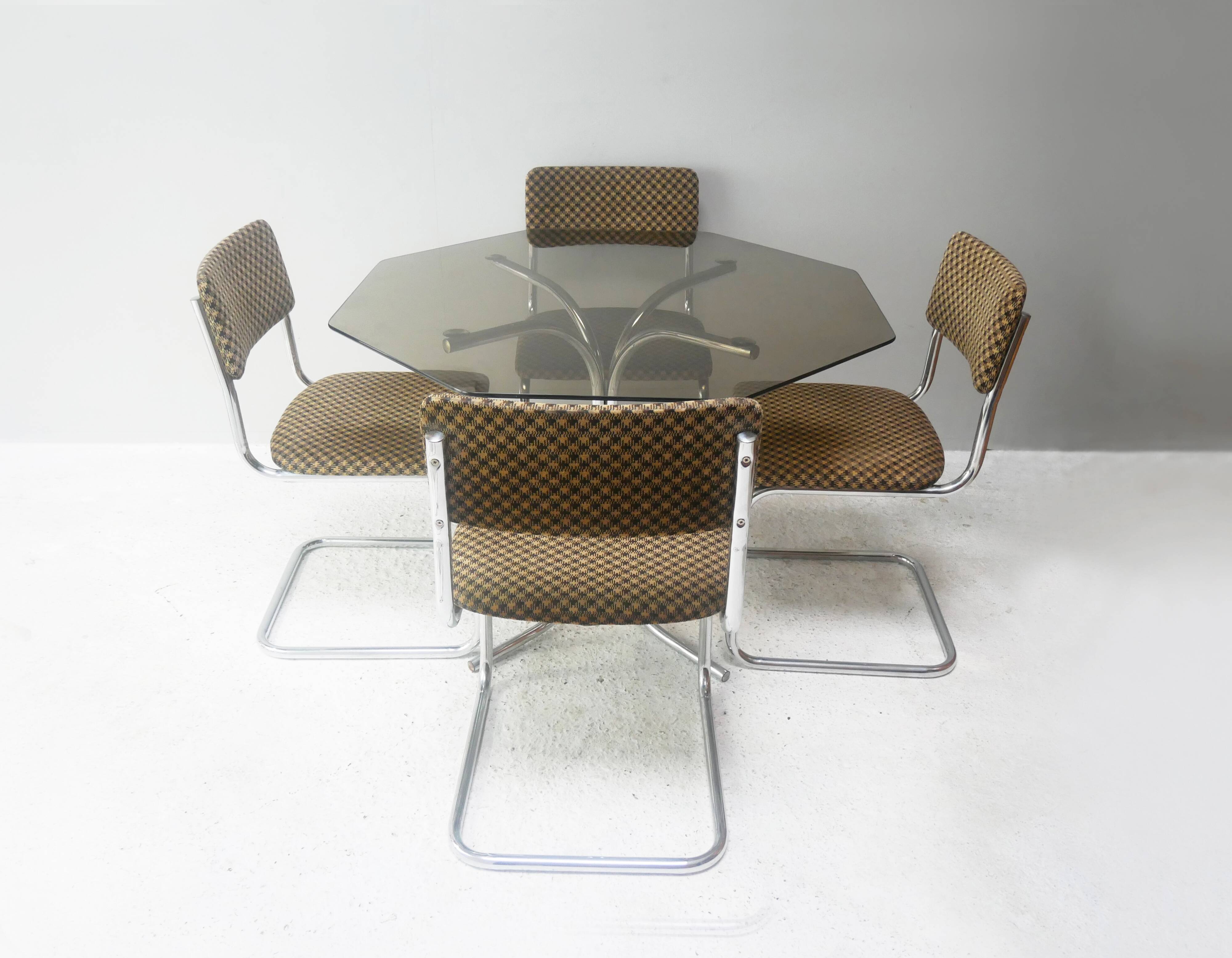 1970’s mid century glass 6 sided dining table with upholstered dining chairs