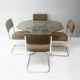 1970’s mid century glass 6 sided dining table with upholstered dining chairs