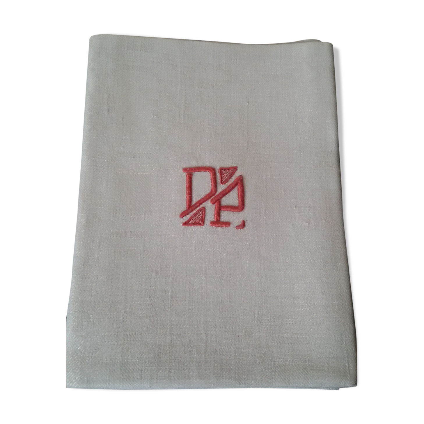 Set of six damask cotton towels monogrammed D P Red