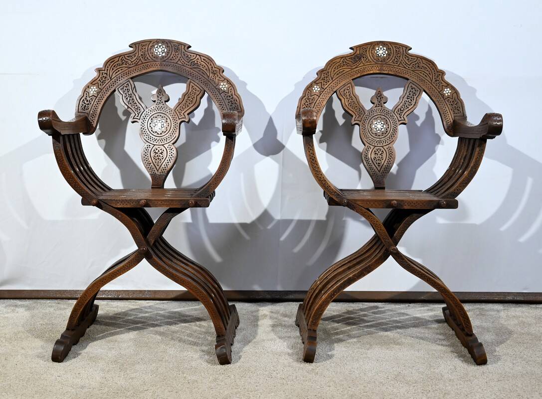 Pair of Savonarola Syrian Walnut Armchairs – Late 19th Century