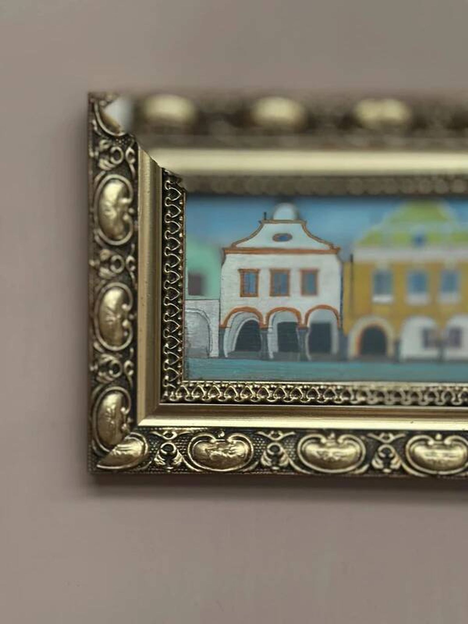 Original woodcut art 'Buildings I' by unknown artist, vintage & framed 34×16cm