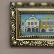 Original woodcut art 'Buildings I' by unknown artist, vintage & framed 34×16cm