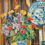 Impressionist still life oil on panel flowers goldfish Alexander Michael 1975