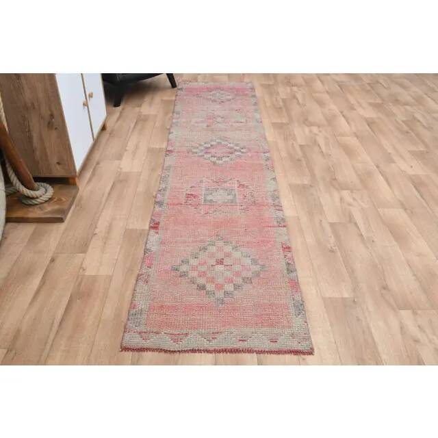 Pink Turkish Vintage Handmade Woven Wool Oushak Runner Rug 78x330