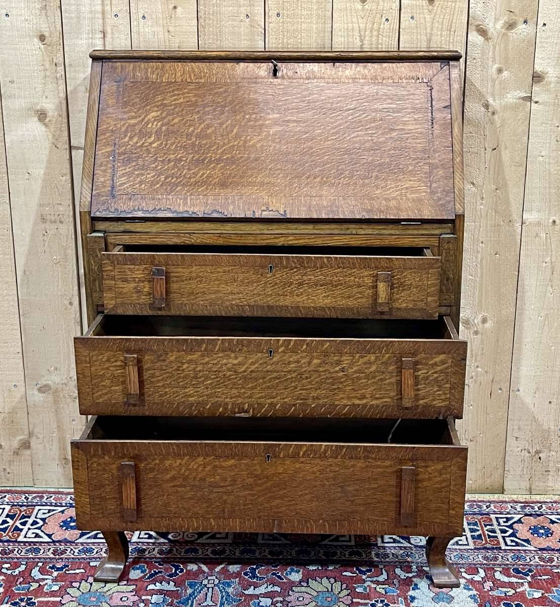 English donkey desk in oak and leather top, 1950s