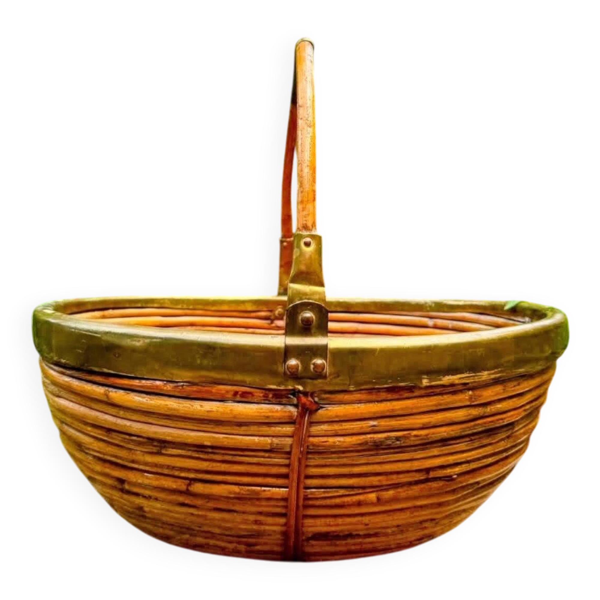 Large rattan basket brass Gabriella Crespi 1960s