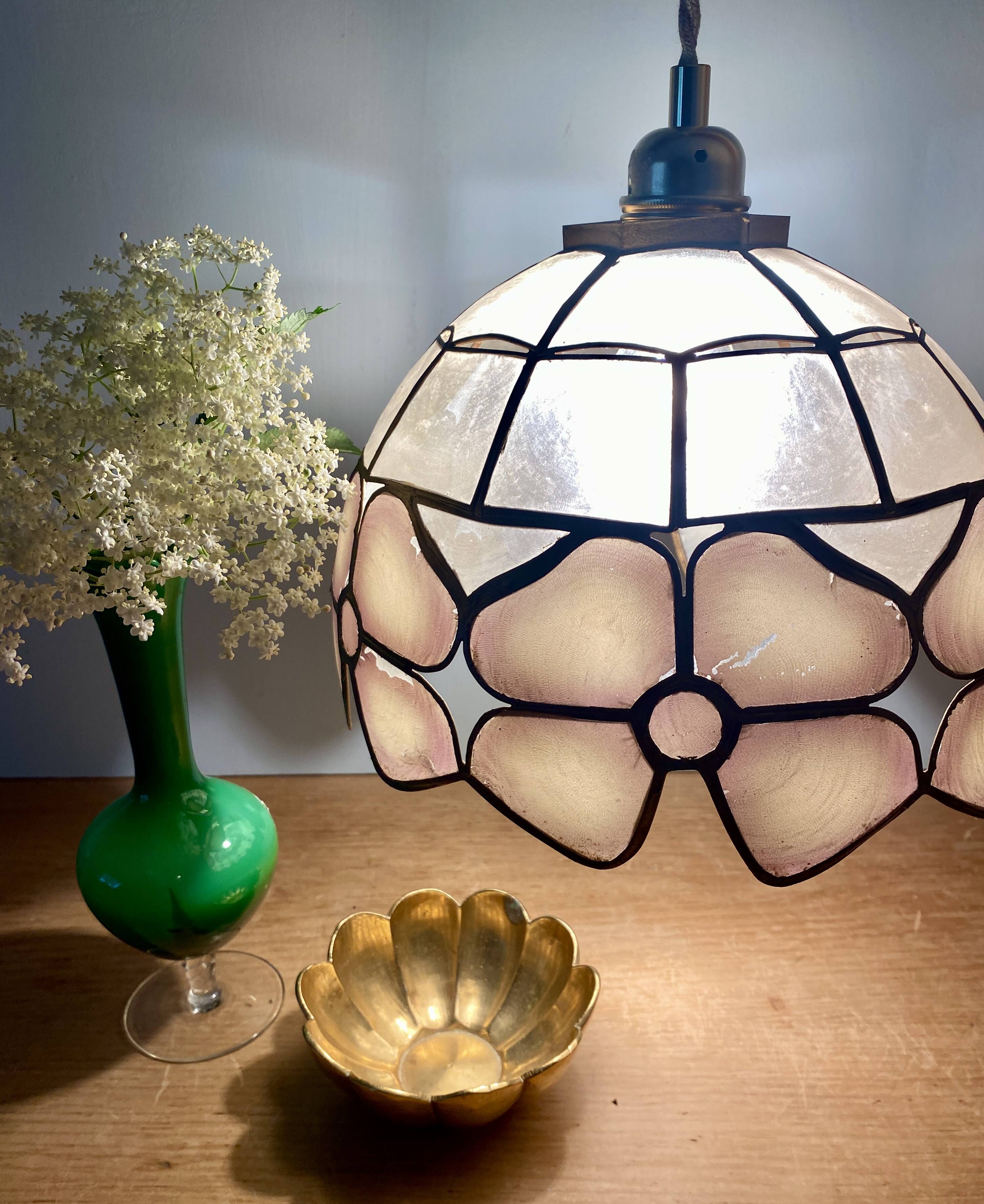 Vintage mother-of-pearl and brass lampshade pendant light