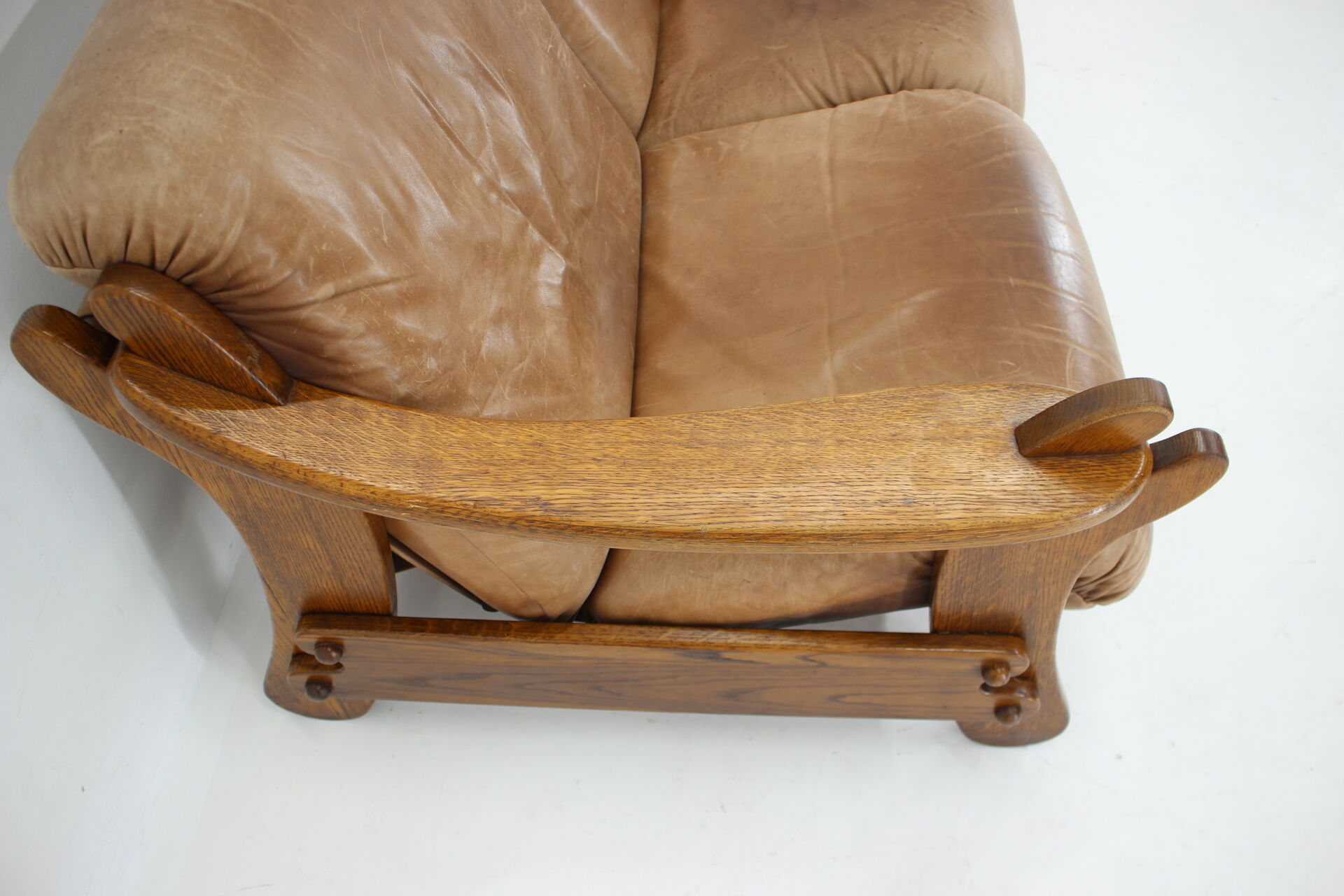 1970s Brutalist Dutch Oak and Leather 3 Seater Sofa