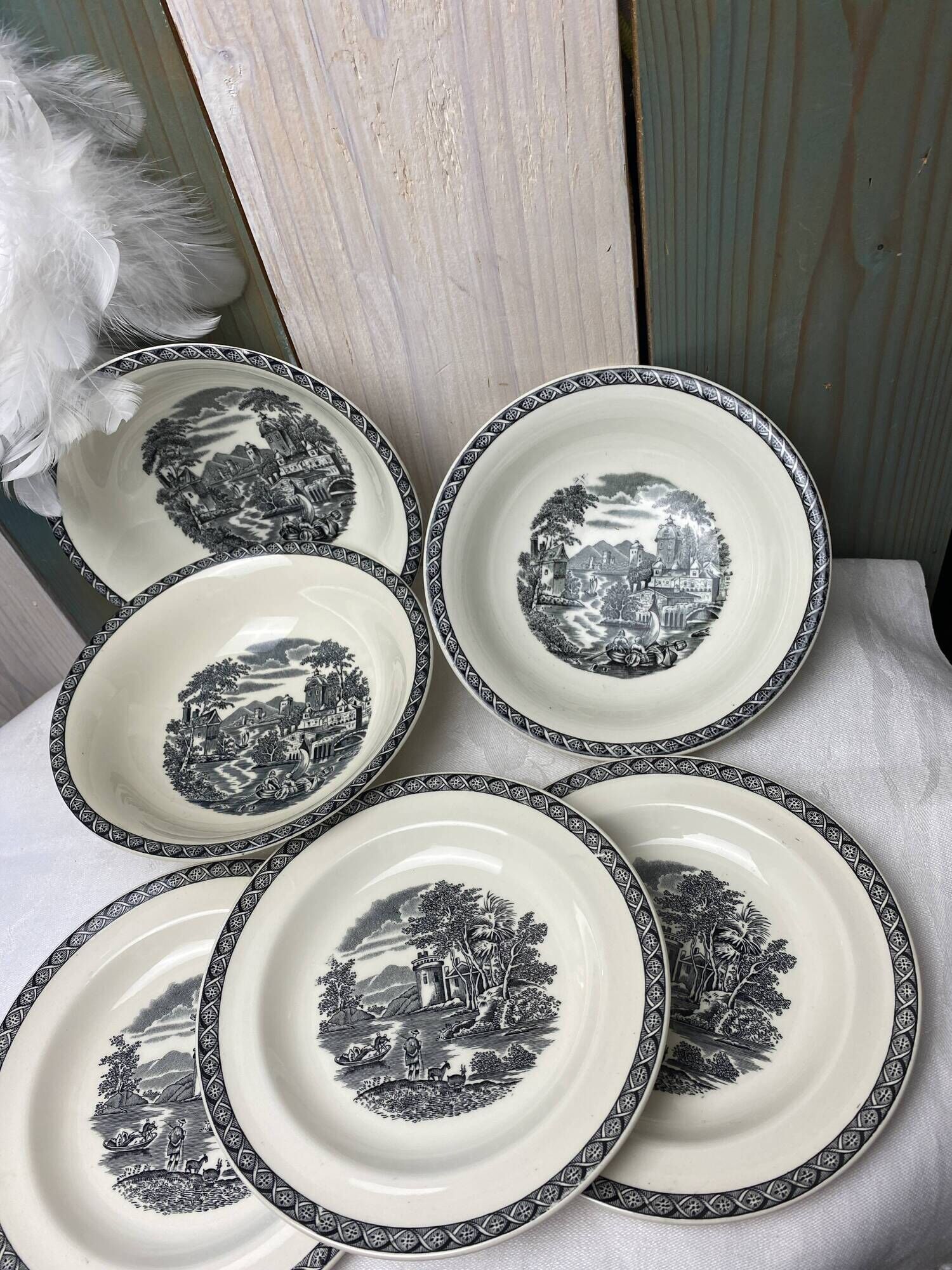 Set of 3 large cups and 3 old Wedgwood Lugano model bread plates