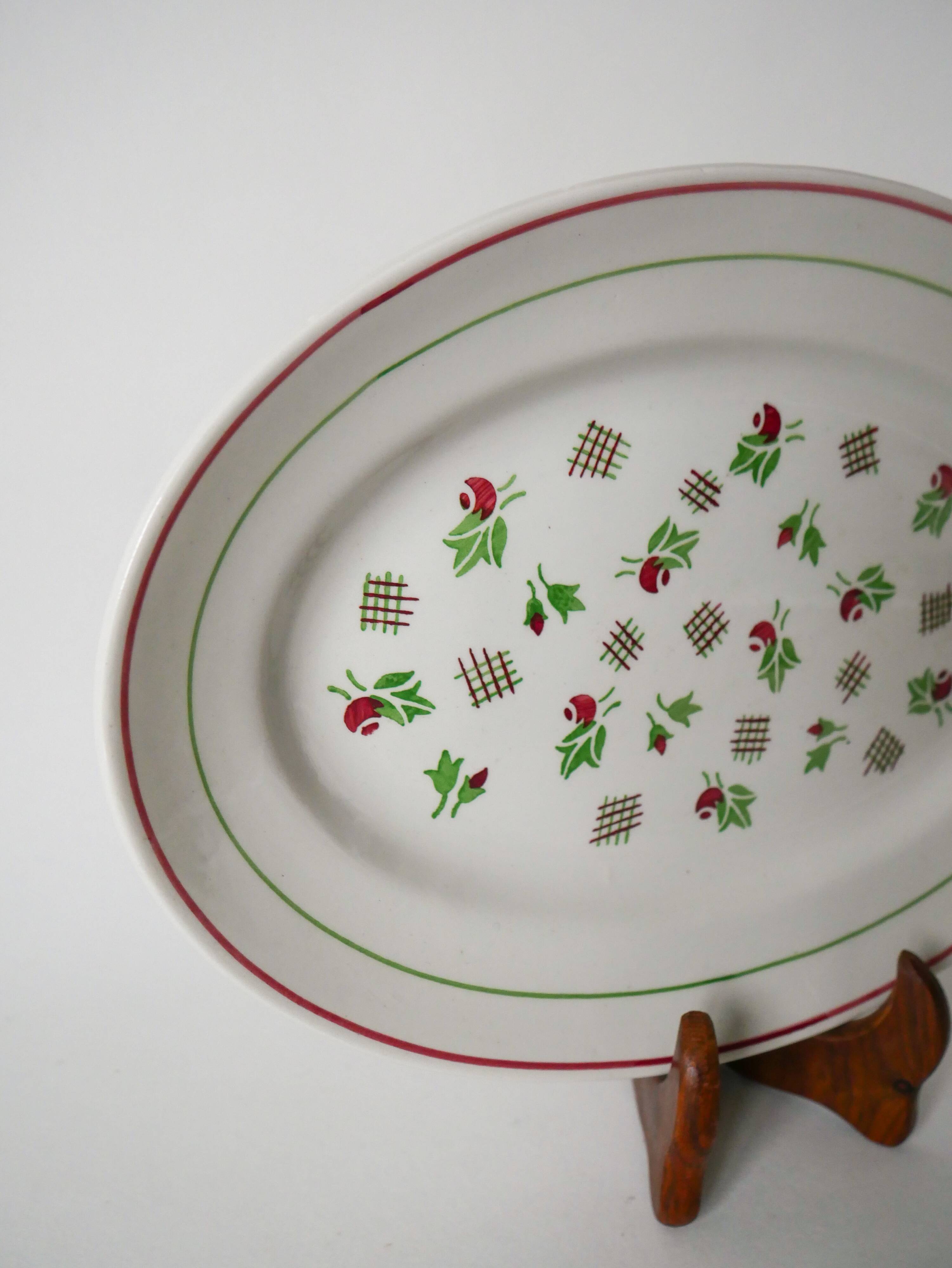 Oval digoin sarreguemines pink and green dish 1940