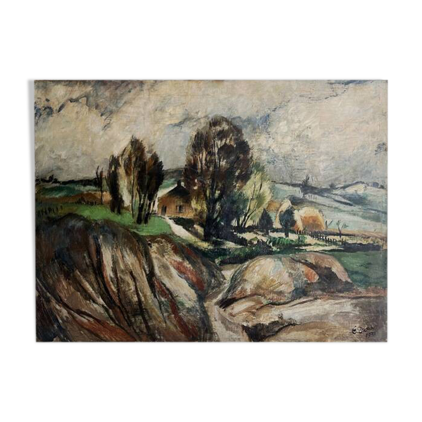 House and hills, signed E Didier 1938, oil on canvas, 65x92cm, unframed