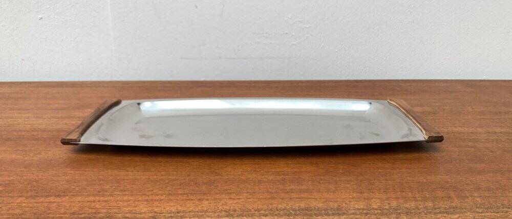 Danish stainless steel and teak plateau from the mid-century of Lundtofte, Denmark, 1960s.