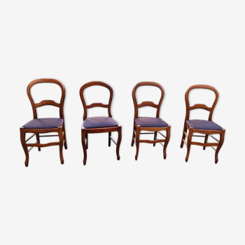 Set de 4 chaises en merisier massif style  louis Philippe ; Dossier violon ; Assise en moleskine