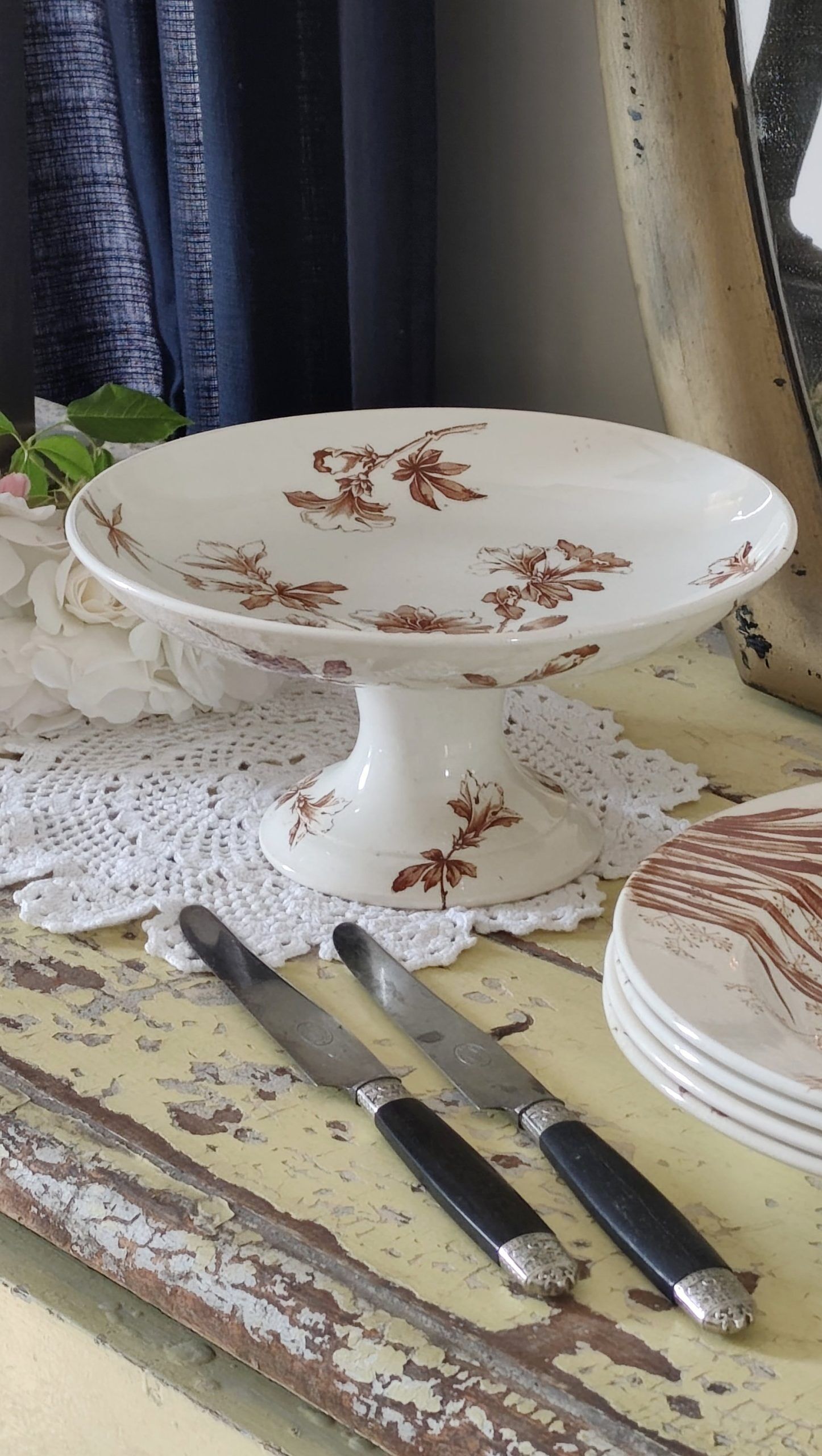 Old ironstone compote in sepia colour.