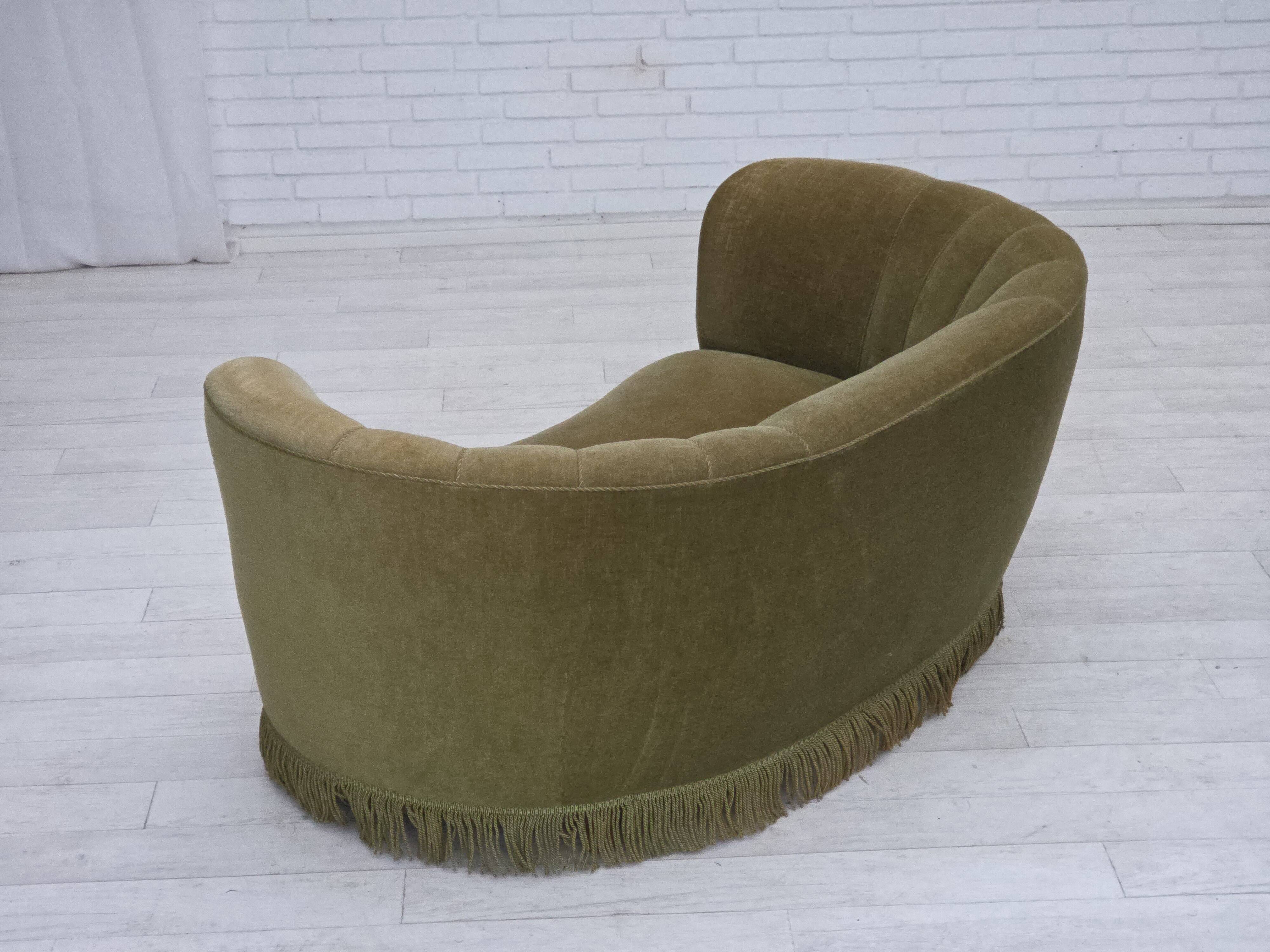 1960s, Danish 2-seater "Banana" sofa, original green furniture velour.