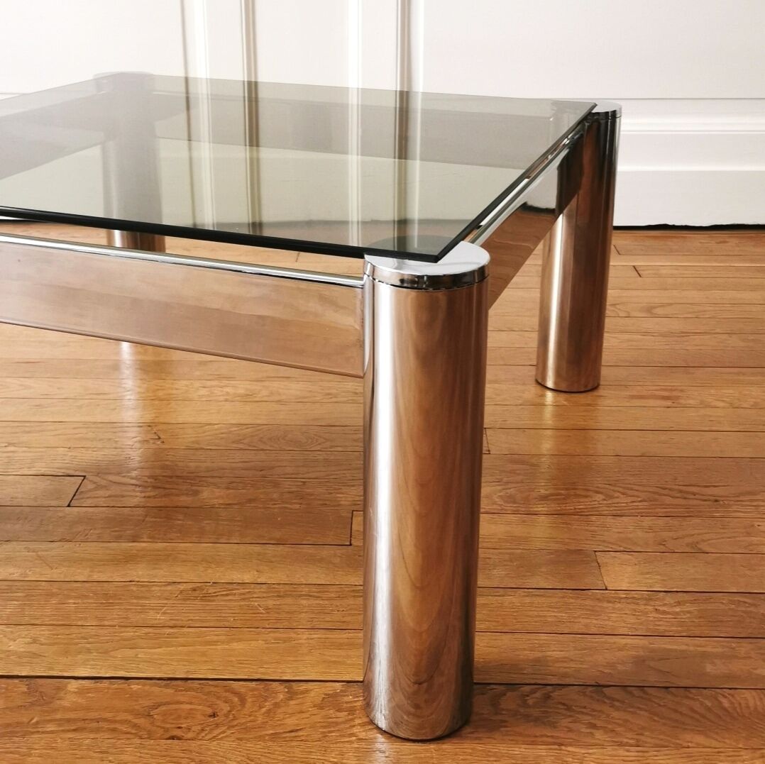 Square chrome and smoked glass coffee table, 1970