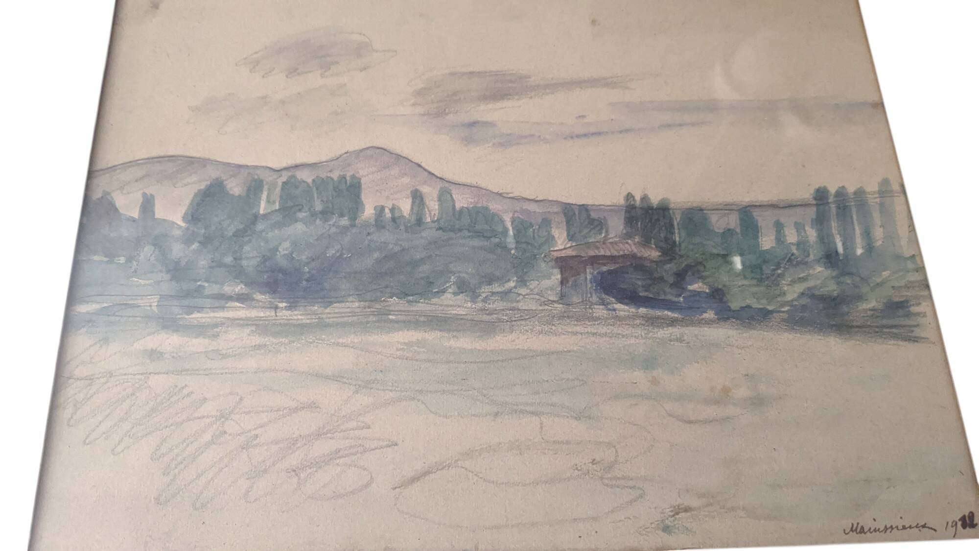 Watercolor landscape Voirons by Lucien Mainssieux 1932 framed in gold frame