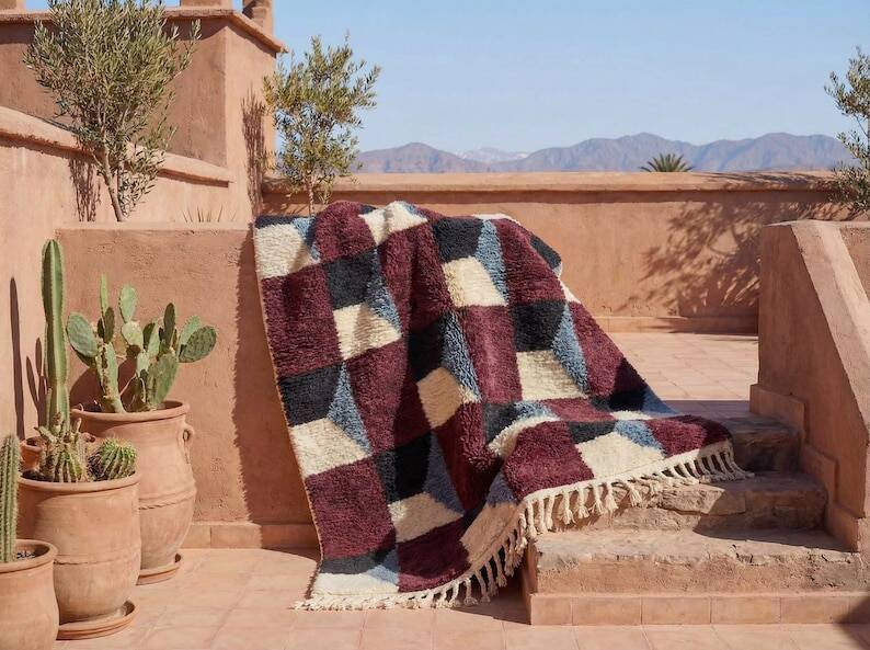 Traditional wool Berber rug with colourful patterns, size 150/250 cm.