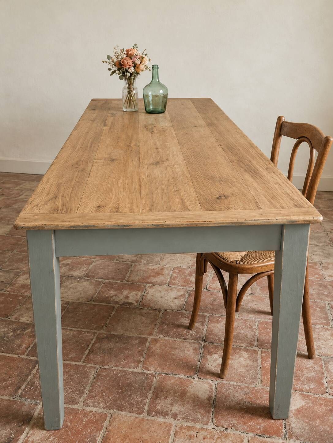 Solid oak farmhouse table "raw" 247x89, "chocolate oak" top