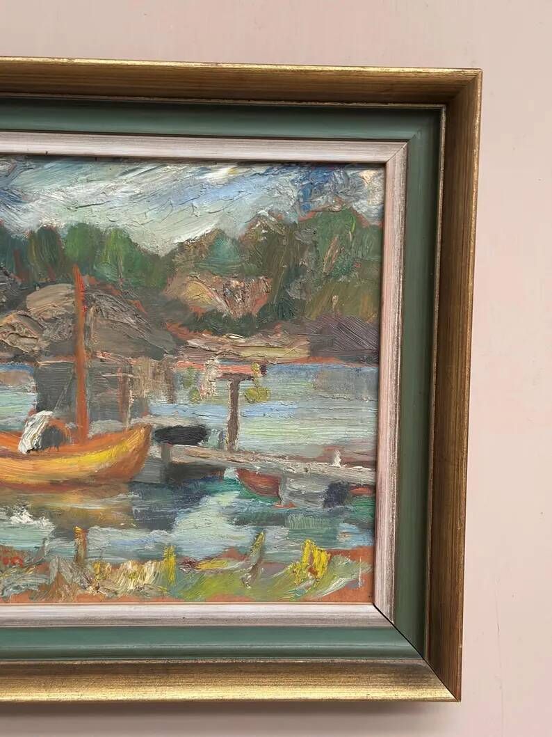 Oil on Swedish Panel - "Dock" by Dal-Edvin - Signed - Vintage and Framed - 31 × 30 cm (12.2 in × 11.8 in)