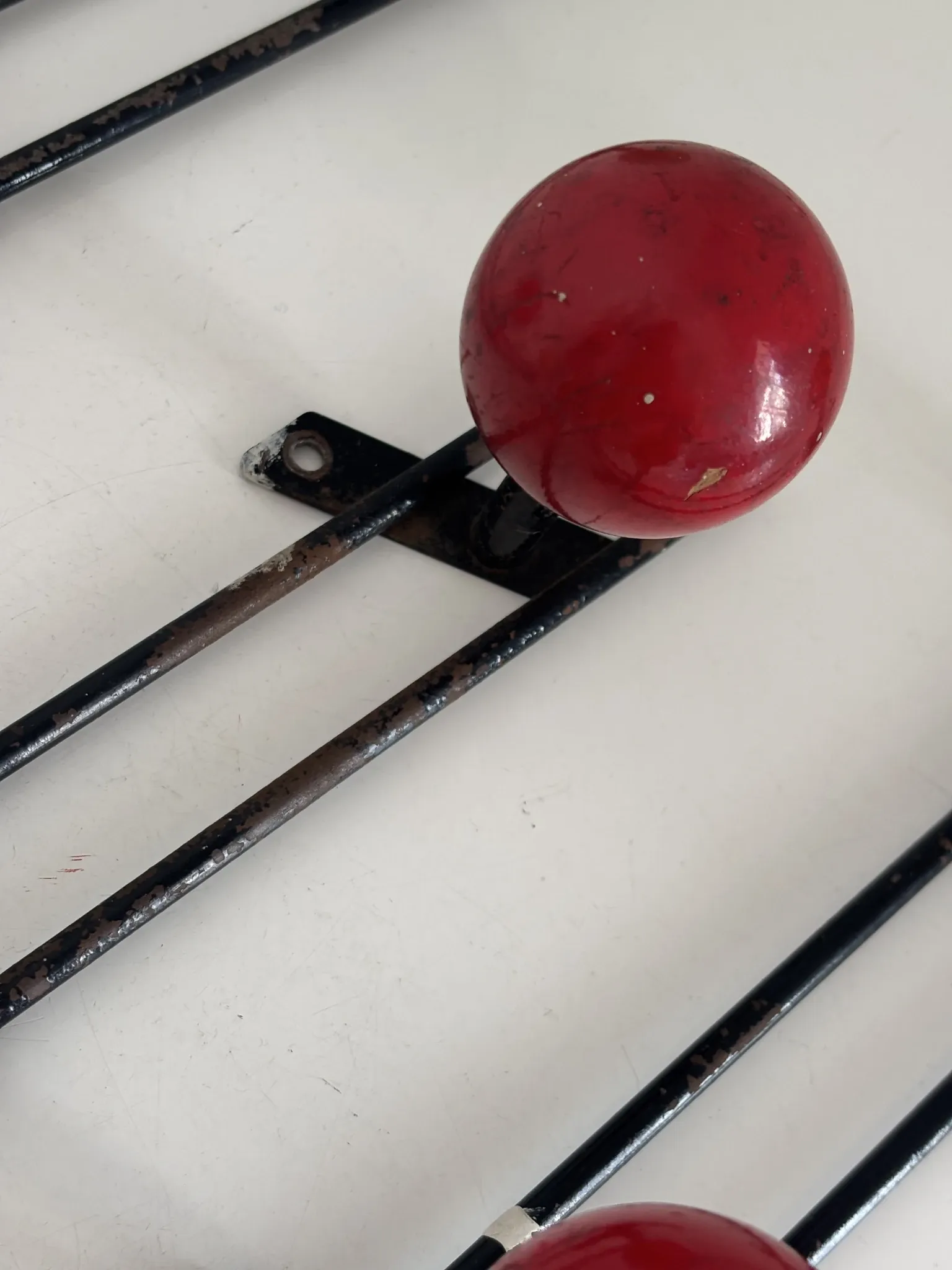 Vintage 1960s tricolour coat rack trio with 3 ball hooks - 45 x 6 / 2