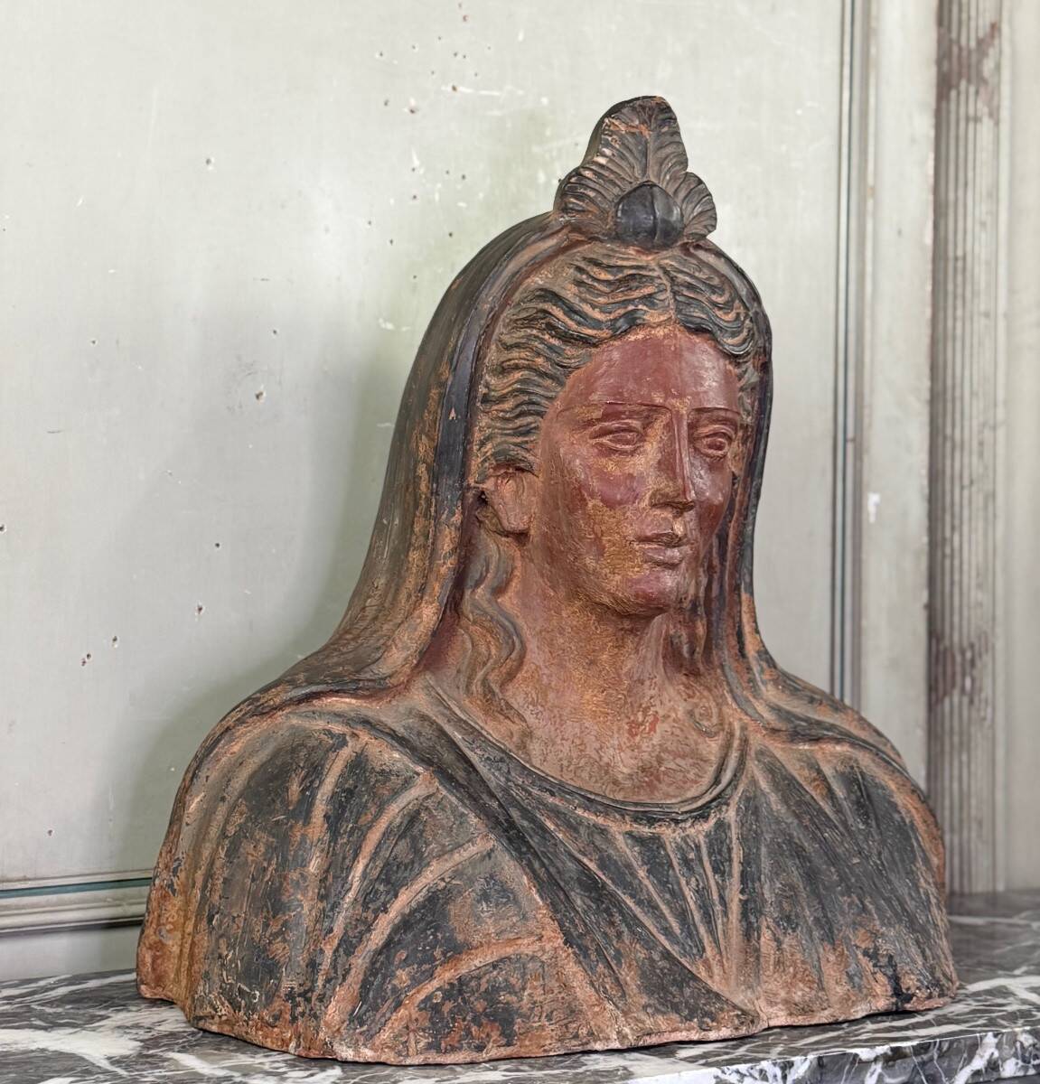 Etruscan-style terracotta bust, large-scale object, 19th century