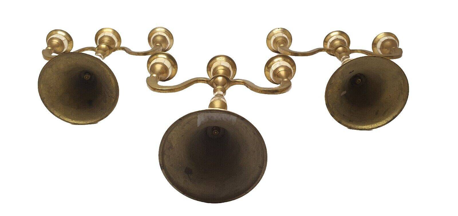 Set of 3-light brass candlesticks with mother-of-pearl intrusion