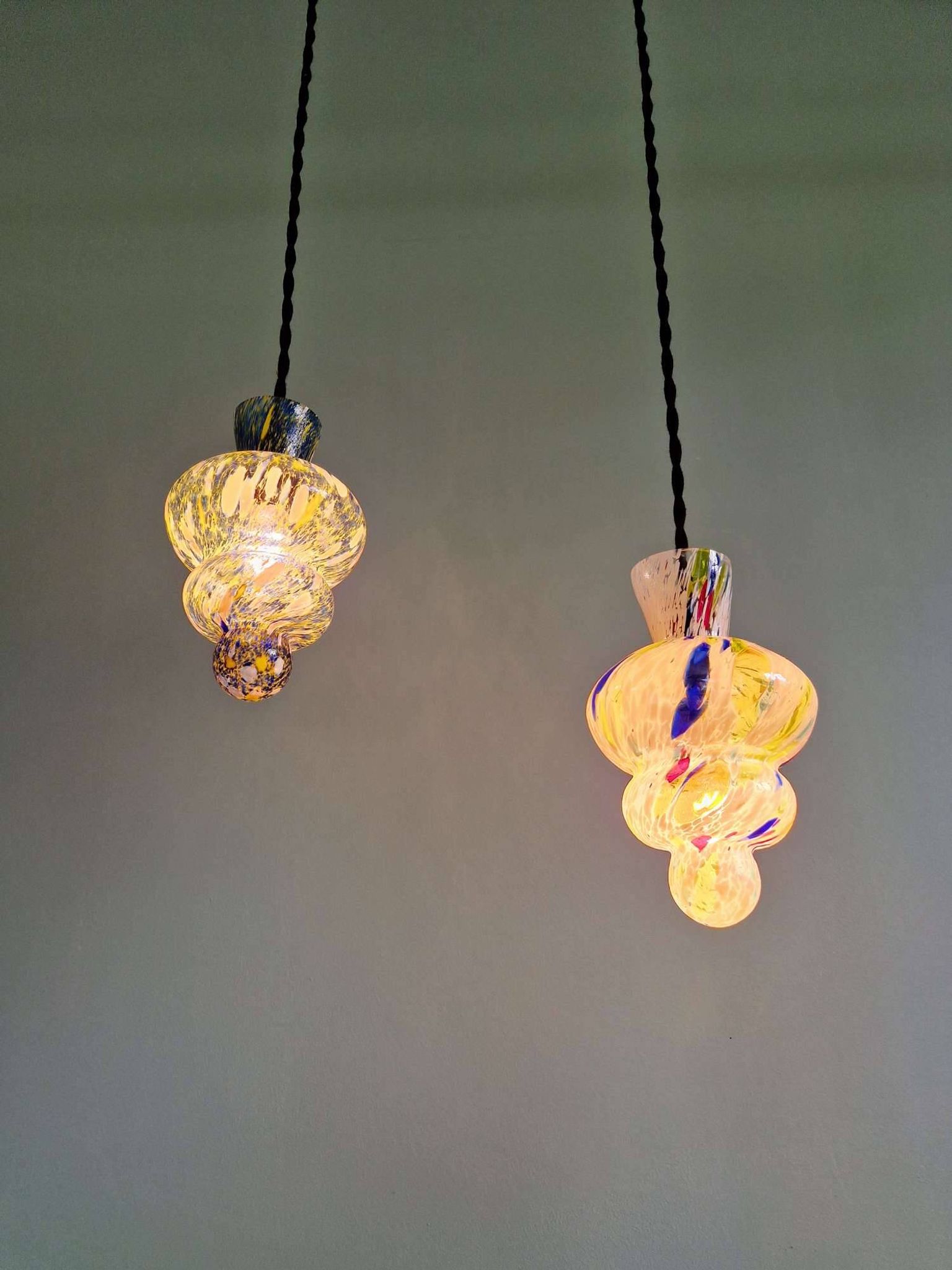 A pair of multicoloured blown glass suspensions, Murano, 1950-60.
