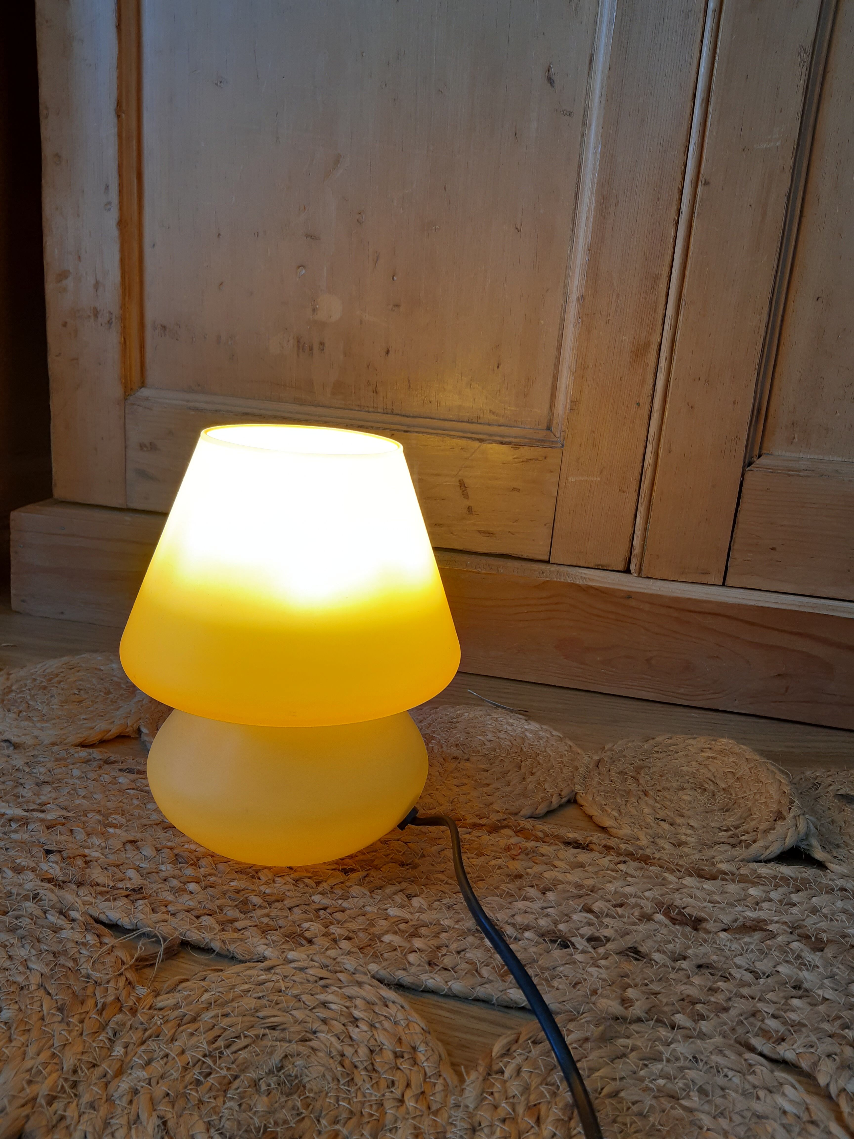 Pale yellow glass mushroom bedside lamp