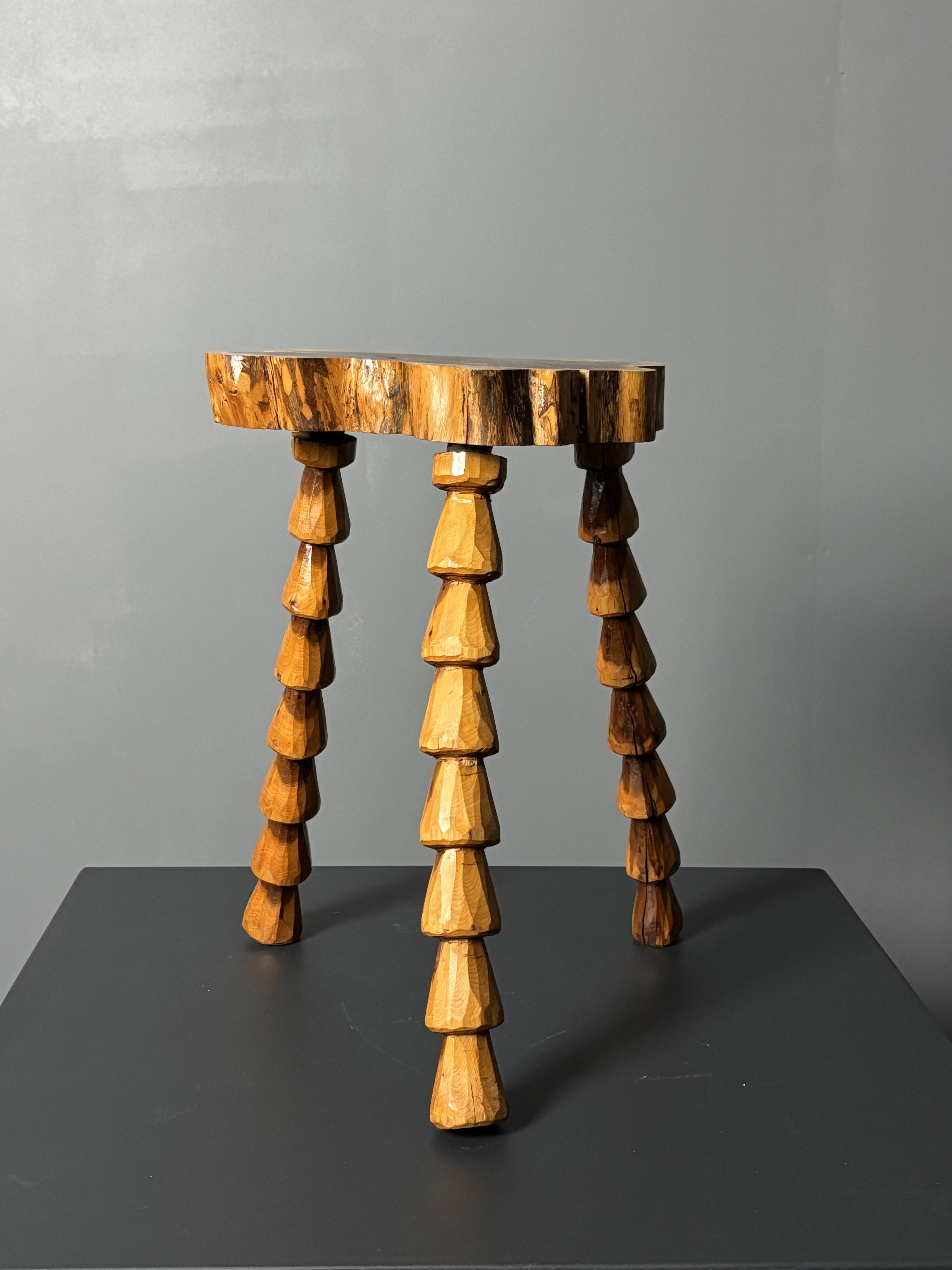 Midcentury brutalist artisanal wood turned handmade tripod stool, ca 1960s