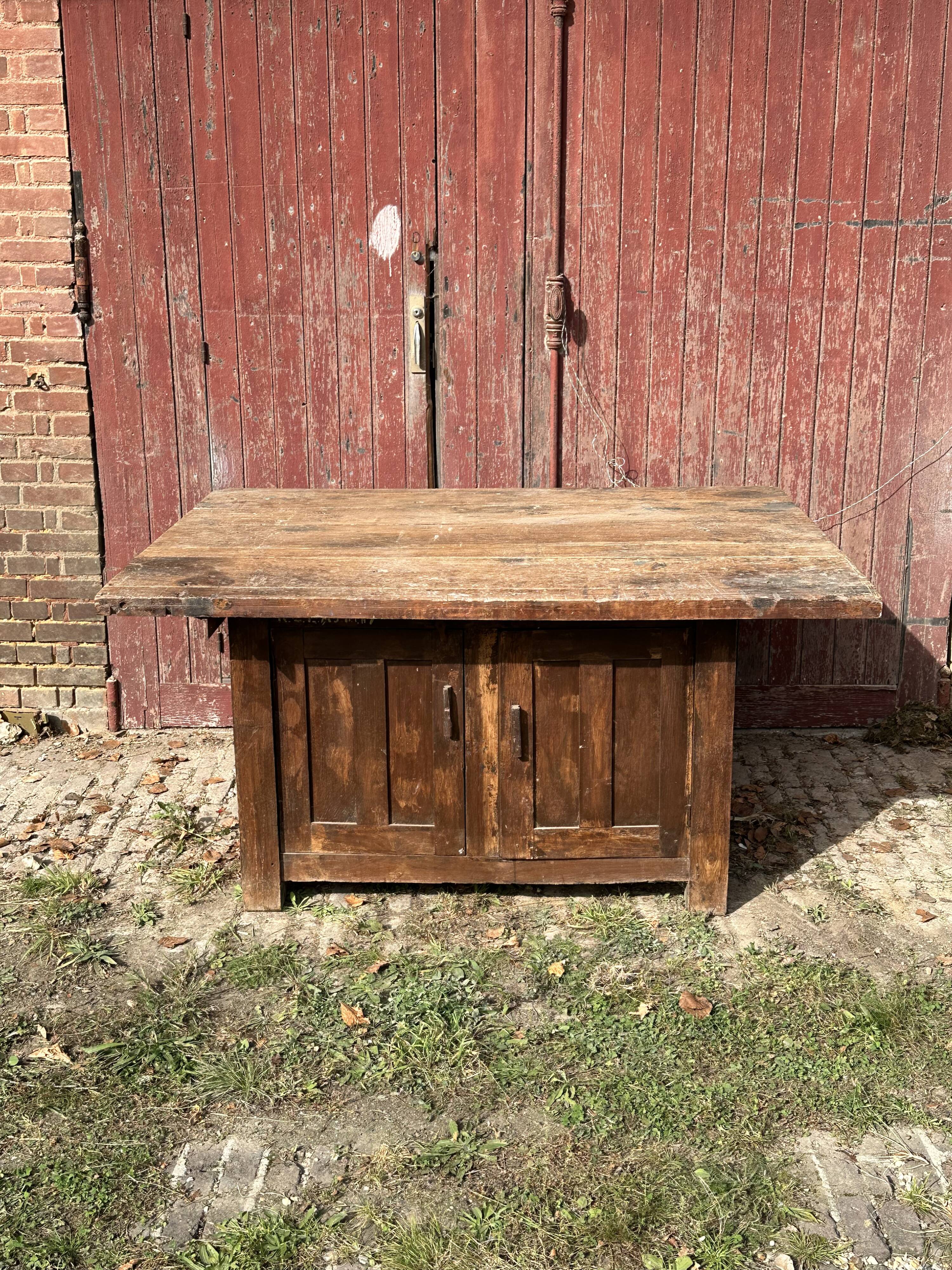 Large solid wood table, storage with 2 doors