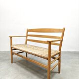 French vintage beech rush bench sofa 'Wabi Sabi style'